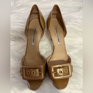 Manolo Blahnik Gold Leather Buckle Peep-Toe Heels